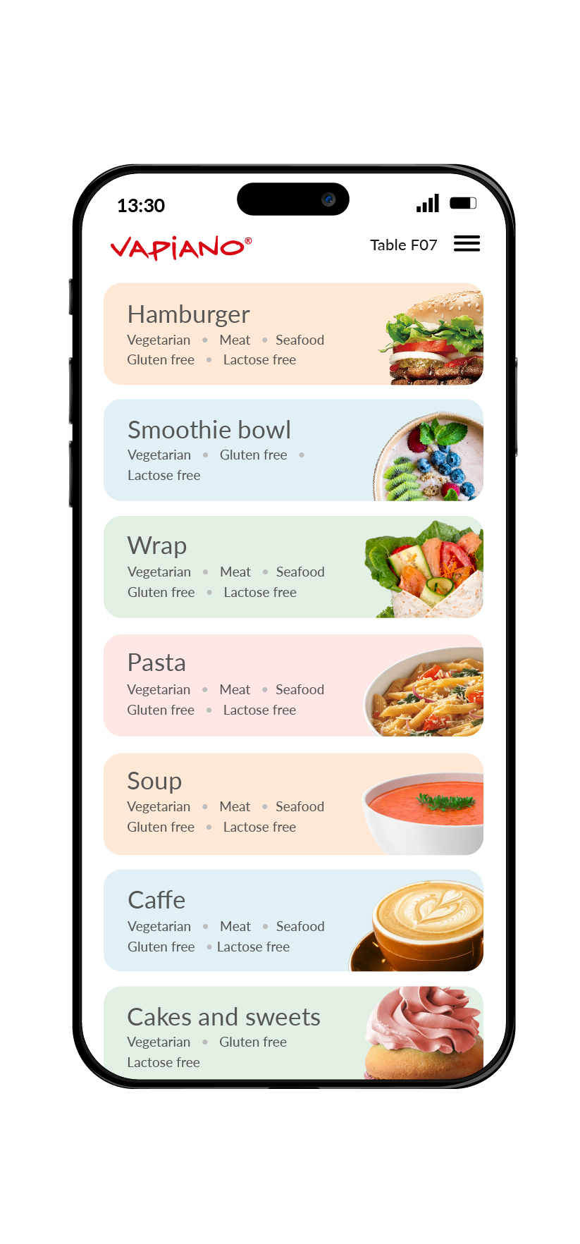 Markus Mobile Order App - Vapiano menu